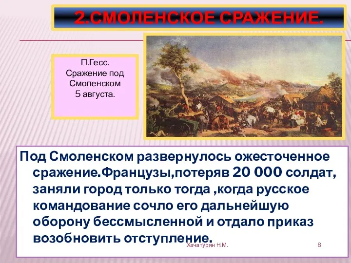Под Смоленском развернулось ожесточенное сражение.Французы,потеряв 20 000 солдат, заняли город только тогда ,когда