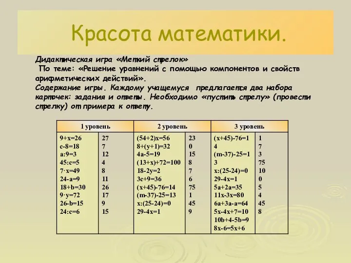 Красота математики. Дидактическая игра «Меткий стрелок» По теме: «Решение уравнений