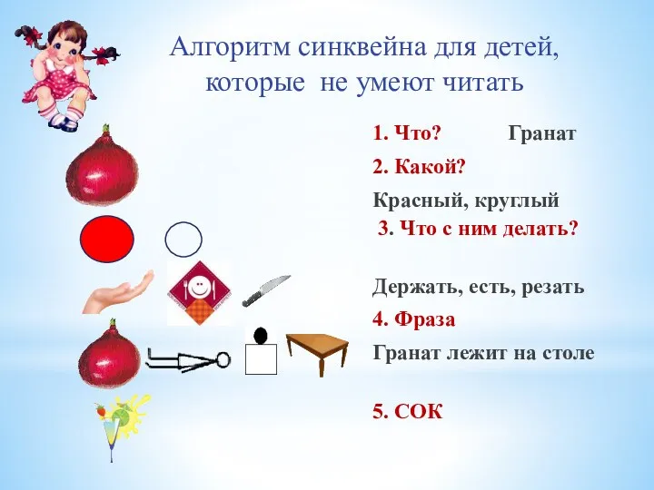 1. Что? Гранат 2. Какой? Красный, круглый 3. Что с