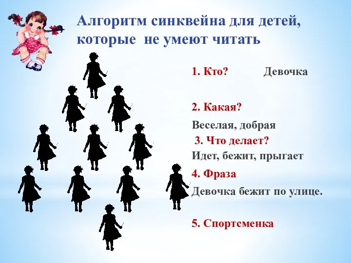 1. Кто? Девочка 2. Какая? Веселая, добрая 3. Что делает?