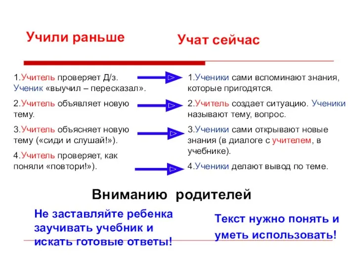 Учили раньше Учат сейчас Не заставляйте ребенка заучивать учебник и