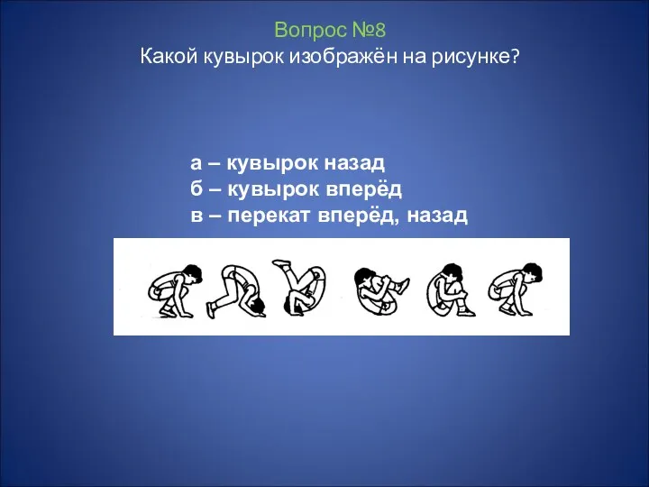 Вопрос №8 Какой кувырок изображён на рисунке? а – кувырок