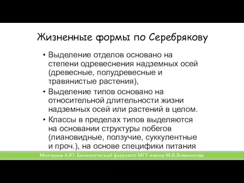 Жизненные формы по Серебрякову Выделение отделов основано на степени одревеснения