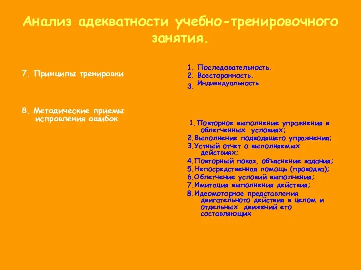 Анализ адекватности учебно-тренировочного занятия. 7. Принципы тренировки 8. Методические приемы исправления ошибок 1.