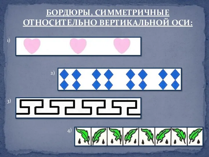 1) 2) 3) 4) Бордюры, симметричные относительно вертикальной оси: