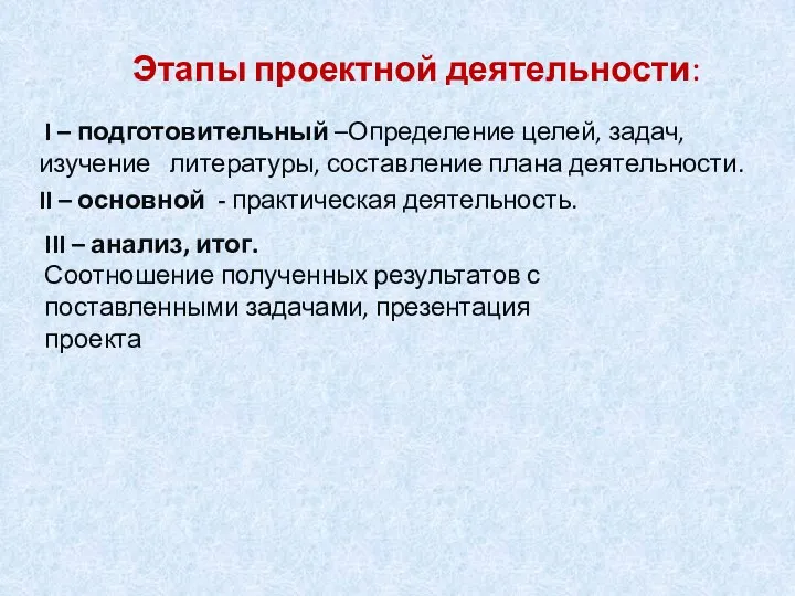 Этапы проектной деятельности: I – подготовительный –Определение целей, задач, изучение