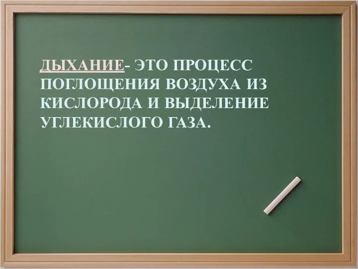 ДЫХАНИЕ- ЭТО ПРОЦЕСС ПОГЛОЩЕНИЯ ВОЗДУХА ИЗ КИСЛОРОДА И ВЫДЕЛЕНИЕ УГЛЕКИСЛОГО ГАЗА.