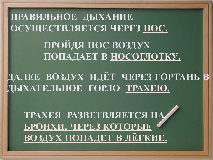 ПРАВИЛЬНОЕ ДЫХАНИЕ ОСУЩЕСТВЛЯЕТСЯ ЧЕРЕЗ НОС. ПРОЙДЯ НОС ВОЗДУХ ПОПАДАЕТ В НОСОГЛОТКУ. ДАЛЕЕ ВОЗДУХ