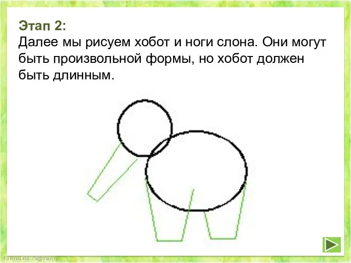 Этап 2: Далее мы рисуем хобот и ноги слона. Они могут быть произвольной