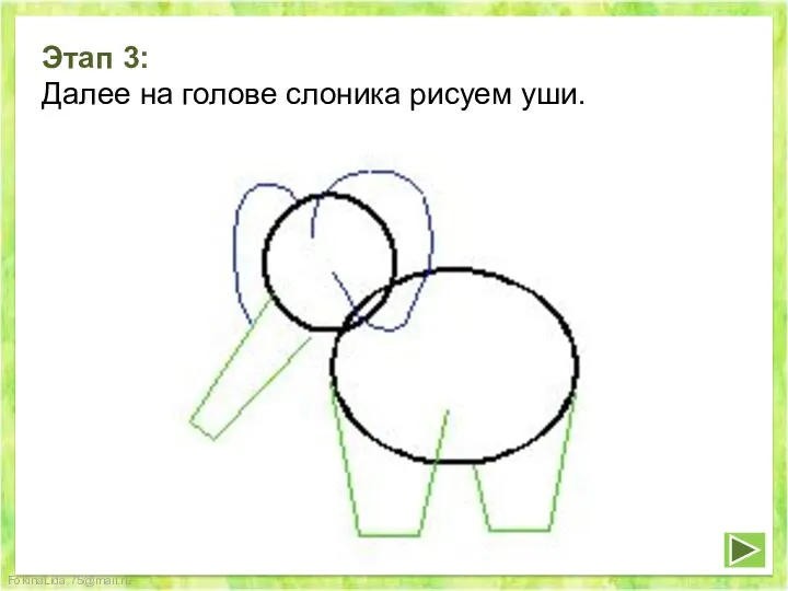 Этап 3: Далее на голове слоника рисуем уши.