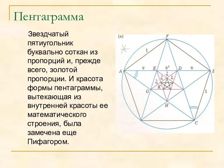 Пентаграмма Звездчатый пятиугольник буквально соткан из пропорций и, прежде всего,