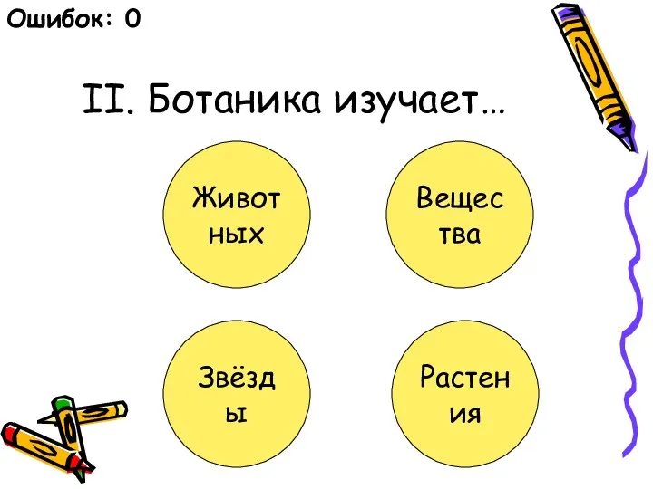 II. Ботаника изучает… Животных Вещества Звёзды Растения Ошибок: 0