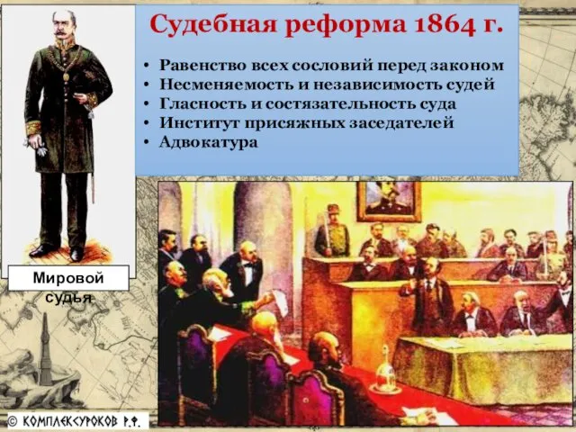 Мировой судья Судебная реформа 1864 г. Равенство всех сословий перед законом Несменяемость и