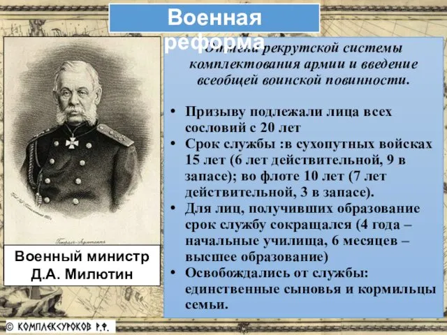 Военный министр Д.А. Милютин Отмена рекрутской системы комплектования армии и введение всеобщей воинской