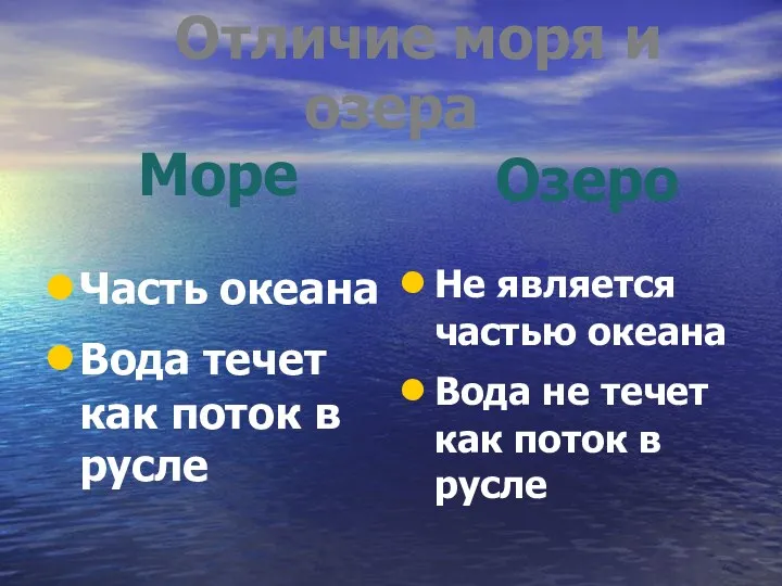 Отличие моря и озера Море Озеро Часть океана Вода течет