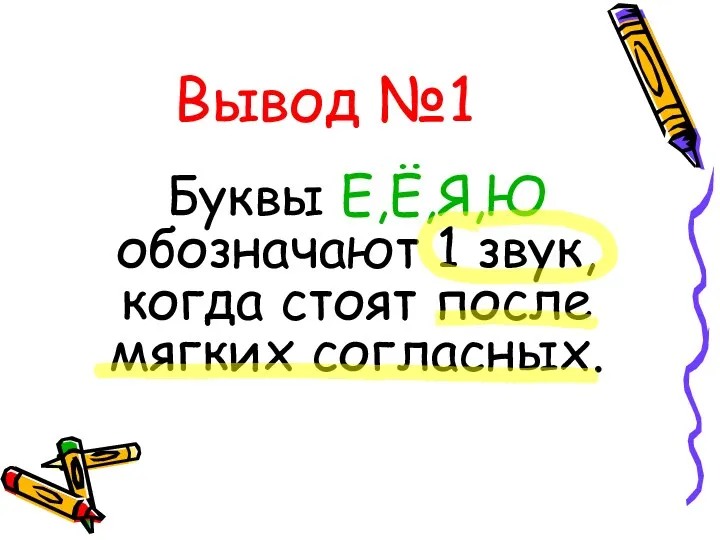 Вывод №1 Буквы Е,Ё,Я,Ю обозначают 1 звук, когда стоят после мягких согласных.