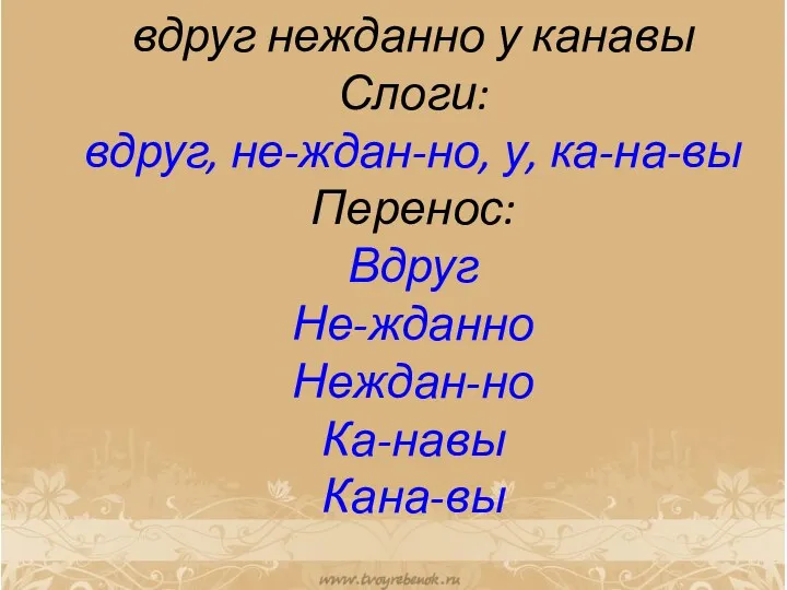 вдруг нежданно у канавы Слоги: вдруг, не-ждан-но, у, ка-на-вы Перенос: Вдруг Не-жданно Неждан-но Ка-навы Кана-вы