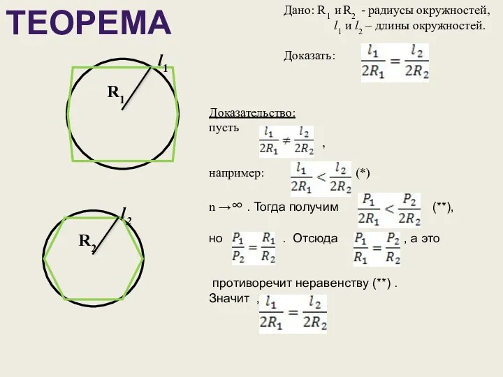 ТЕОРЕМА Дано: R1 и R2 - радиусы окружностей, l1 и l2 – длины