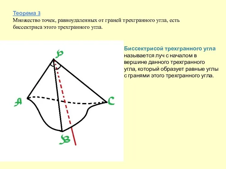Теорема 3 Множество точек, равноудаленных от граней трехгранного угла, есть