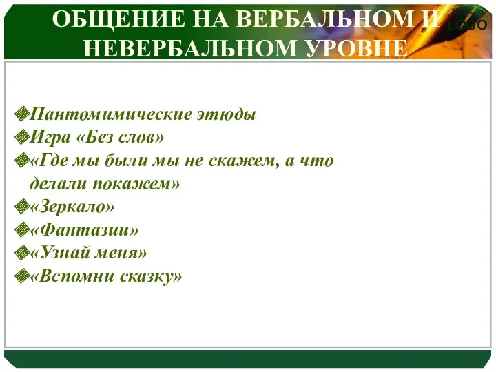 ОБЩЕНИЕ НА ВЕРБАЛЬНОМ И НЕВЕРБАЛЬНОМ УРОВНЕ Пантомимические этюды Игра «Без