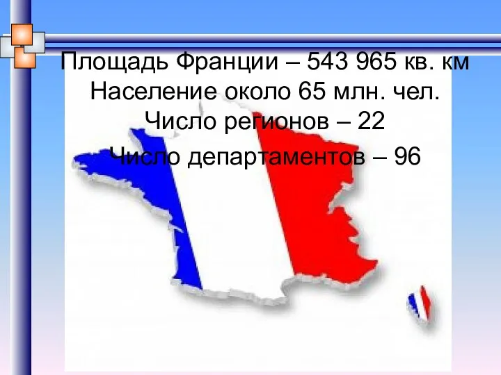 Площадь Франции – 543 965 кв. км Население около 65