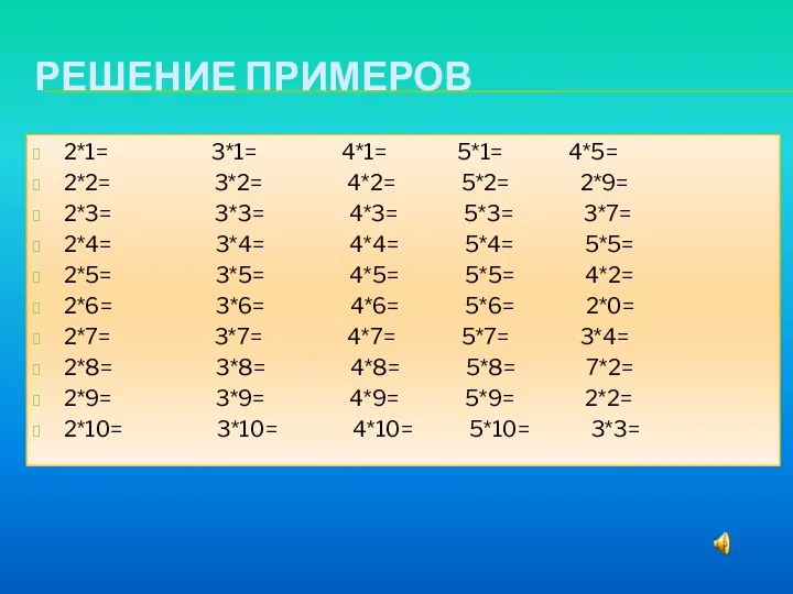 Решение примеров 2*1= 3*1= 4*1= 5*1= 4*5= 2*2= 3*2= 4*2=