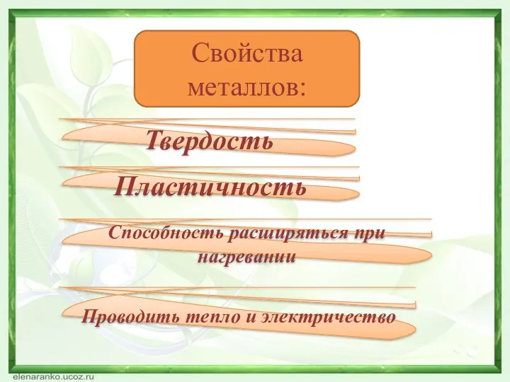 Свойства металлов: Твердость Пластичность Способность расширяться при нагревании Проводить тепло и электричество