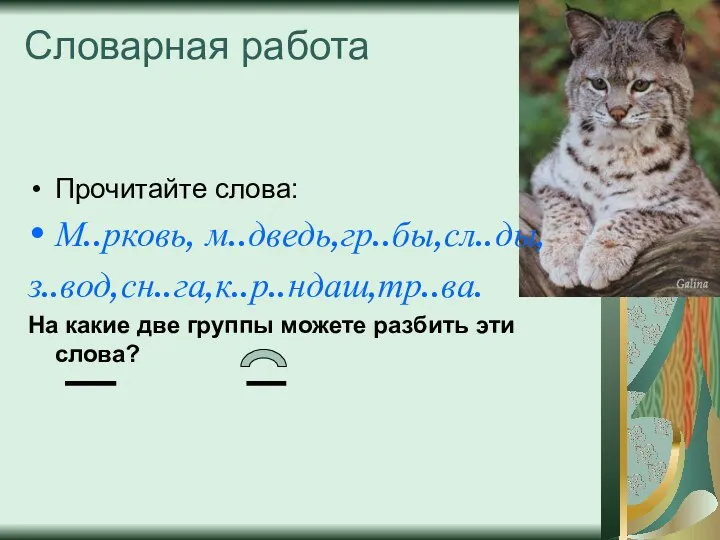 Словарная работа Прочитайте слова: М..рковь, м..дведь,гр..бы,сл..ды, з..вод,сн..га,к..р..ндаш,тр..ва. На какие две группы можете разбить эти слова?