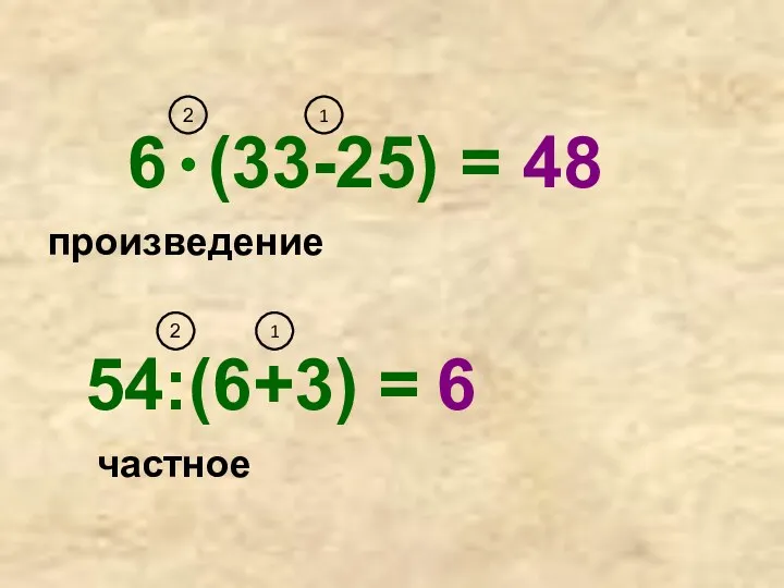 6 (33-25) = 48 произведение 54:(6+3) = частное 6 1 2 2 1