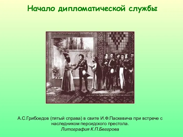 Начало дипломатической службы А.С.Грибоедов (пятый справа) в свите И.Ф.Паскевича при