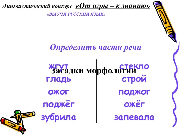 Загадки морфологии Определить части речи Лингвистический конкурс «От игры – к знанию» «ВЫУЧИ РУССКИЙ ЯЗЫК»