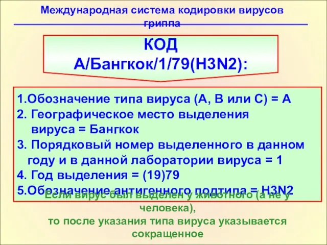 Международная система кодировки вирусов гриппа КОД А/Бангкок/1/79(H3N2): 1.Обозначение типа вируса