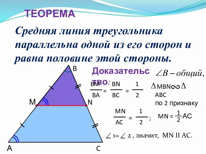 ТЕОРЕМА Средняя линия треугольника параллельна одной из его сторон и равна половине этой