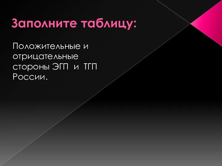 Заполните таблицу: Положительные и отрицательные стороны ЭГП и ТГП России.