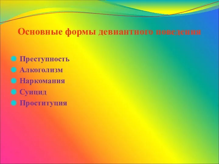 Основные формы девиантного поведения Преступность Алкоголизм Наркомания Суицид Проституция