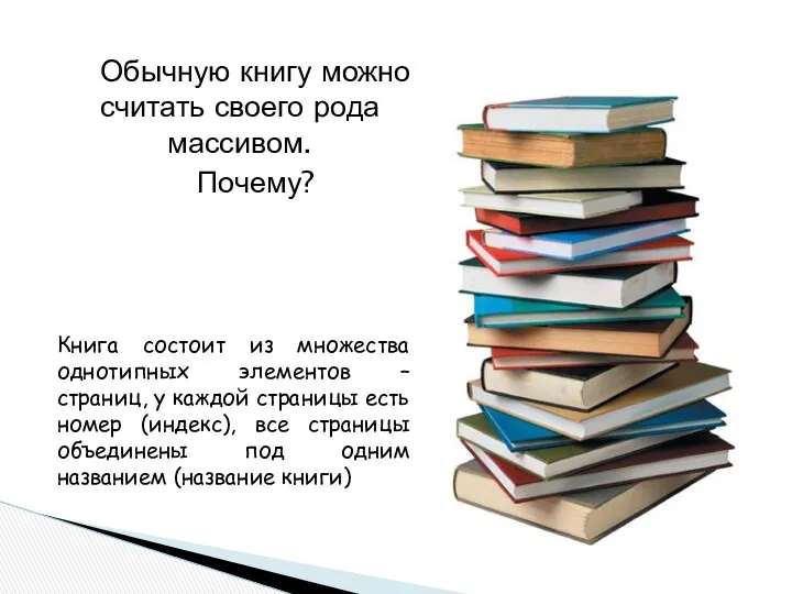 Обычную книгу можно считать своего рода массивом. Почему? Книга состоит