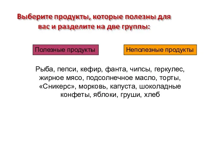 Полезные продукты Неполезные продукты Рыба, пепси, кефир, фанта, чипсы, геркулес,