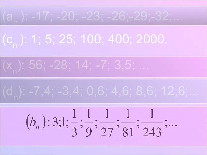 (an ): -17; -20; -23; -26;-29;-32;... (cn ): 1; 5; 25; 100; 400;