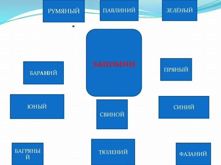 РУМЯНЫЙ БАРАНИЙ ЮНЫЙ БАГРЯНЫЙ ЗЕЛЁНЫЙ ПРЯНЫЙ СВИНОЙ СИНИЙ ФАЗАНИЙ ТЮЛЕНИЙ ПАВЛИНИЙ запомни ЮНЫЙ Я