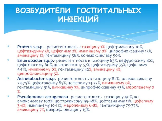 Proteus s.p.p. - резистентность к тазоцину 1%, цефтриаксону 10%, цефтазидиму