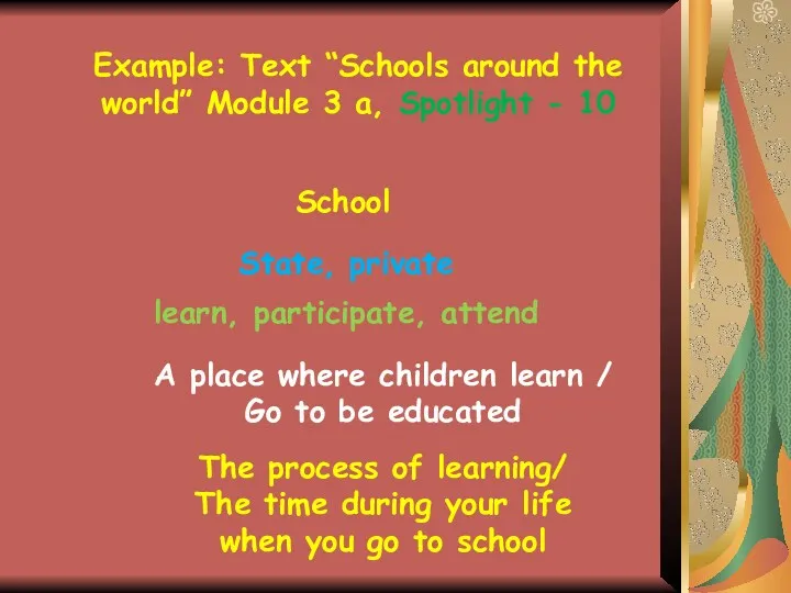 Example: Text “Schools around the world” Module 3 a, Spotlight - 10 School