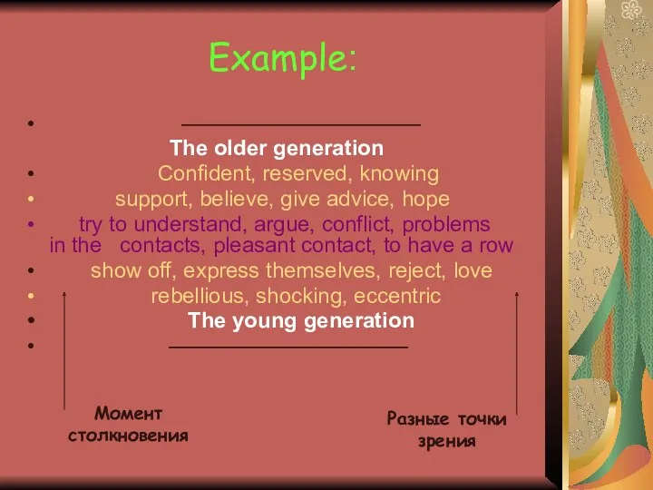 Example: ——————————— The older generation Confident, reserved, knowing support, believe,