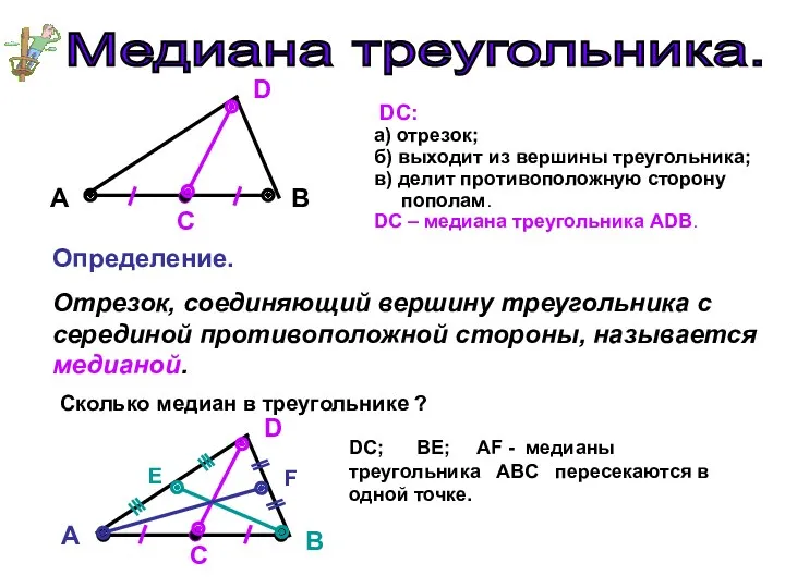 Медиана треугольника. A C B D DC: а) отрезок; б) выходит из вершины