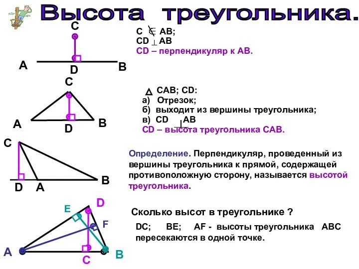 Высота треугольника. C B D A C AB; CD AB CD – перпендикуляр