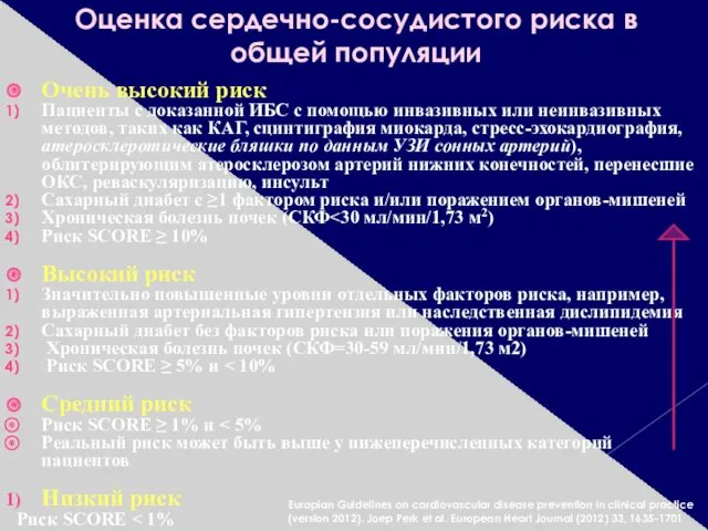 Оценка сердечно-сосудистого риска в общей популяции Очень высокий риск Пациенты