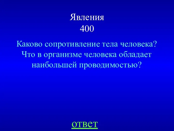 Явления 400 Каково сопротивление тела человека? Что в организме человека обладает наибольшей проводимостью? ответ