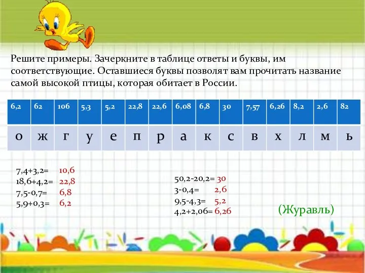 Решите примеры. Зачеркните в таблице ответы и буквы, им соответствующие.