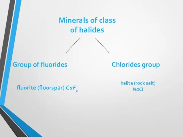 Group of fluorides fluorite (fluorspar) CaF2 halite (rock salt) NaCl