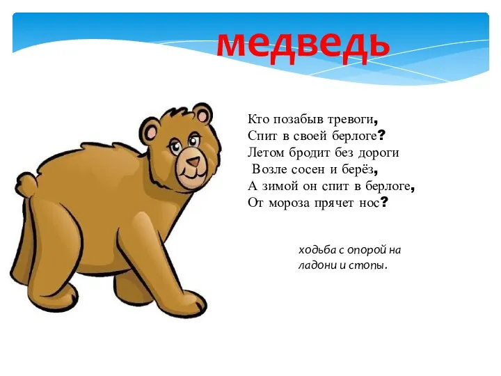 Кто позабыв тревоги, Спит в своей берлоге? Летом бродит без