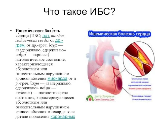 Что такое ИБС? Ишеми́ческая боле́знь се́рдца (ИБС; лат. morbus ischaemicus